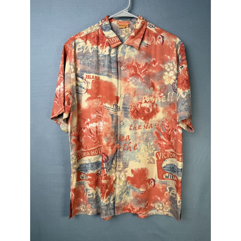 Tulliano 100% Silk Shirt Mens M Abstract Tropical Short Sleeve Button Up Relaxed